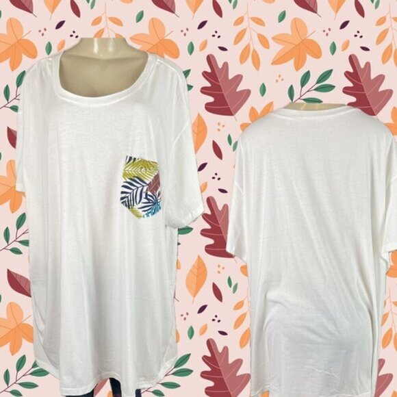 Woman Within Plus 30/32 White Crew Neck Leaf Print Chest Pocket Short Sleeve Tee - Picture 1 of 6